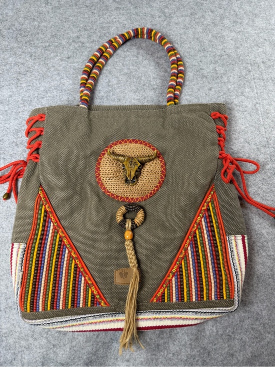 Source Unknown Handbags - Bohemian Buddhist Inspired Hand Made Hemp Canvas Resin Yak Skull Om Symbol Tote